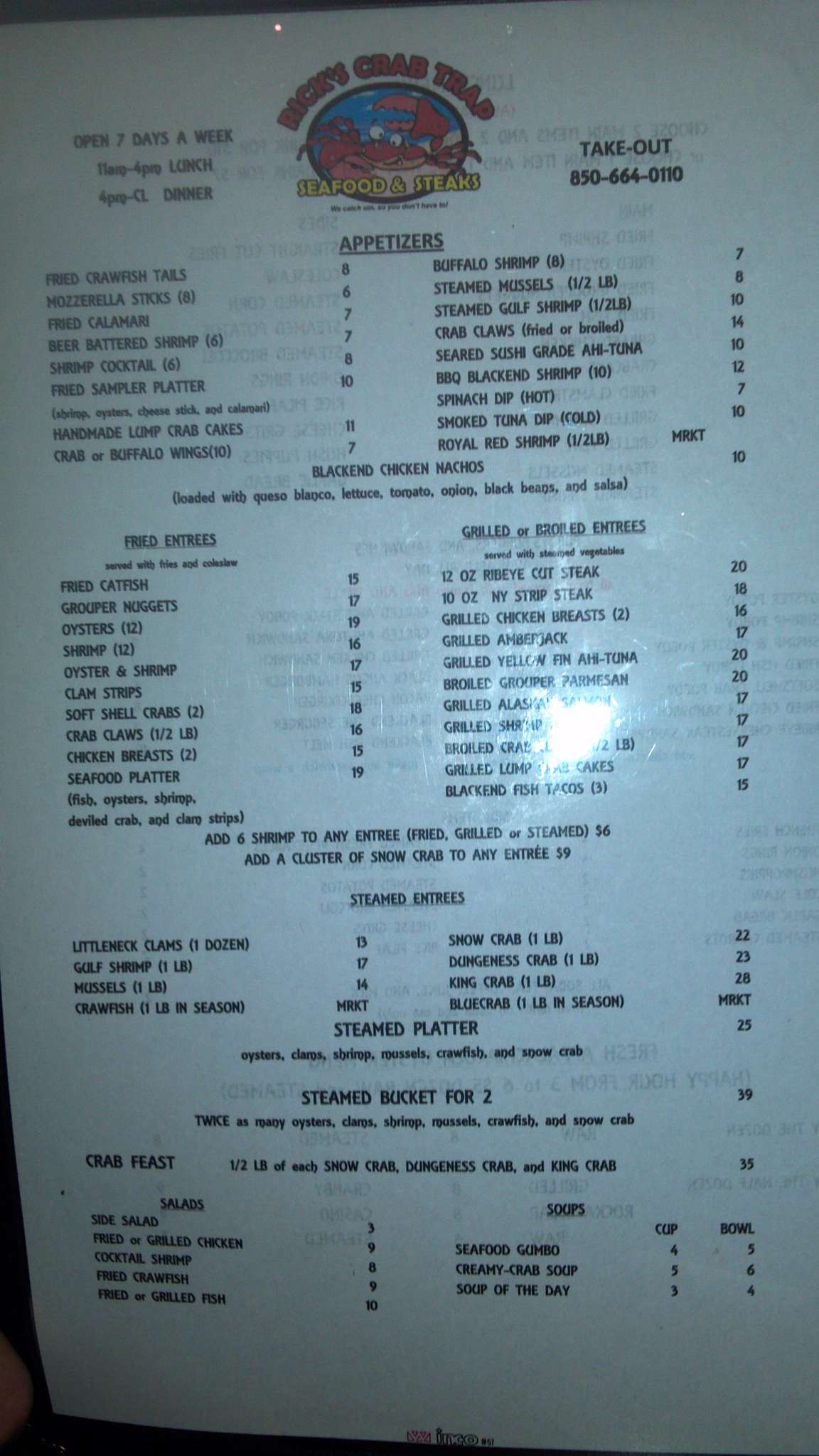 Menu at Rick's Crab Trap pub & bar, Fort Walton Beach, 178 Eglin Pkwy NE