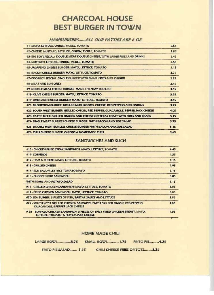 Charcoal House Menu, Menu for Charcoal House, San Angelo, San Angelo