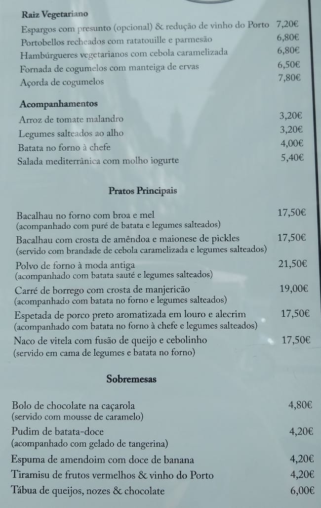 Restaurant Raiz menu