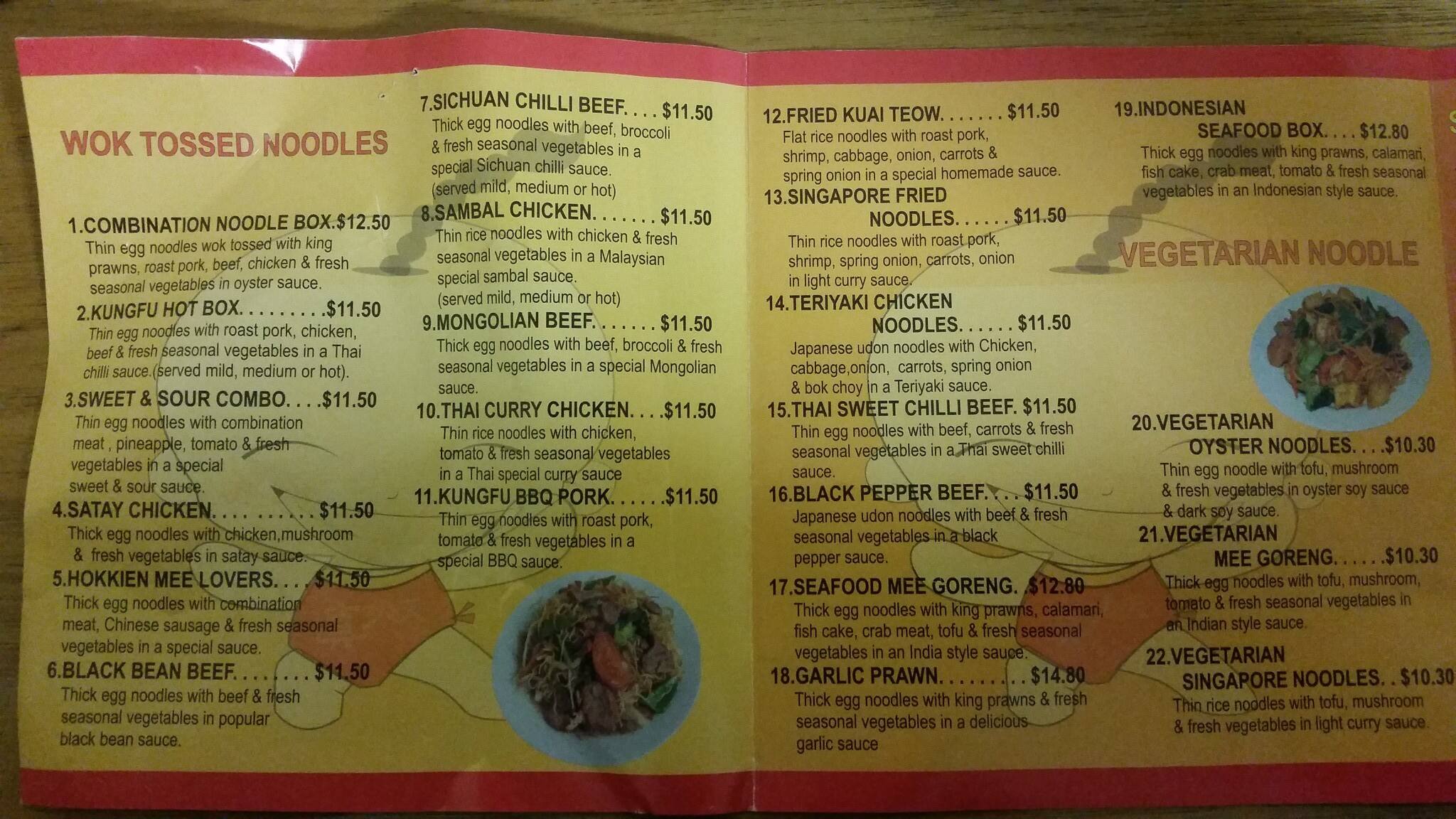 Menu at Kungfu Noodle restaurant, Esperance