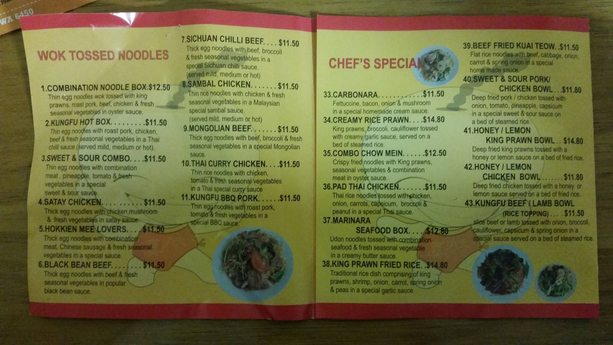 Menu at Kungfu Noodle restaurant, Esperance