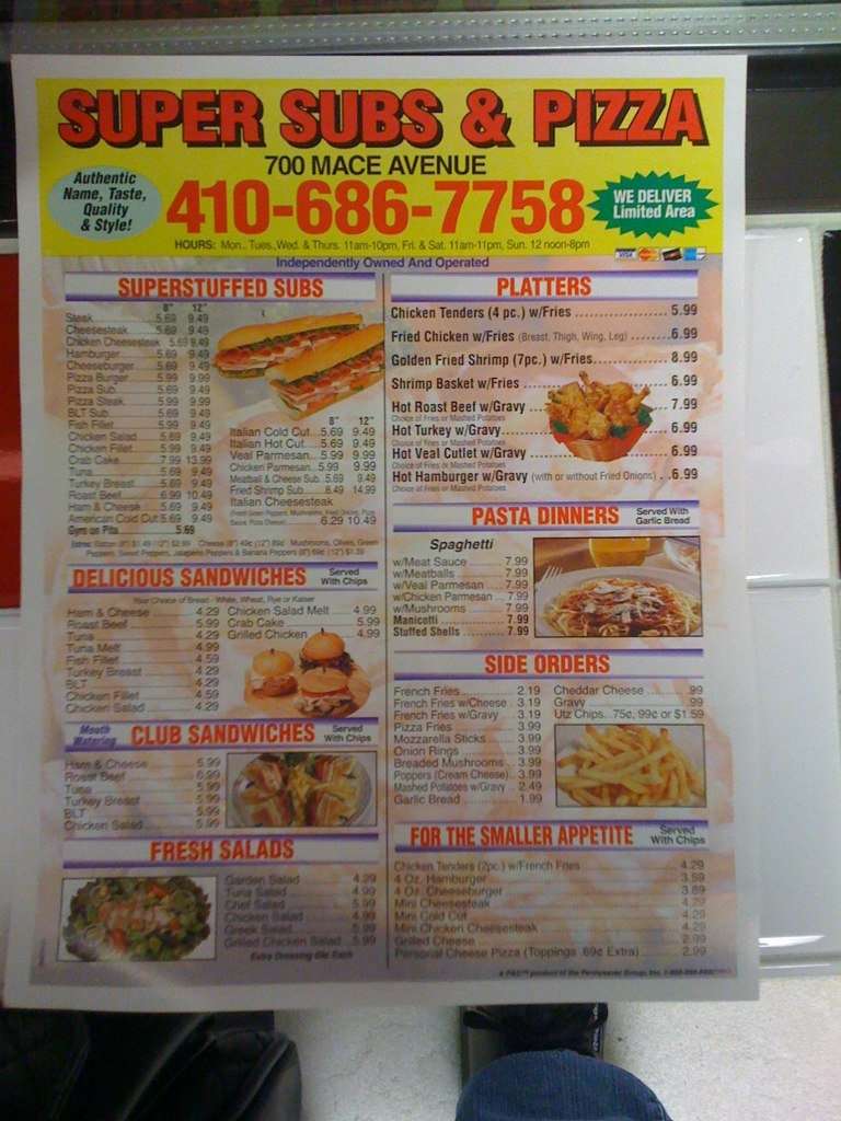 Super Subs & Pizza Menu, Menu for Super Subs & Pizza, Essex/Rosedale