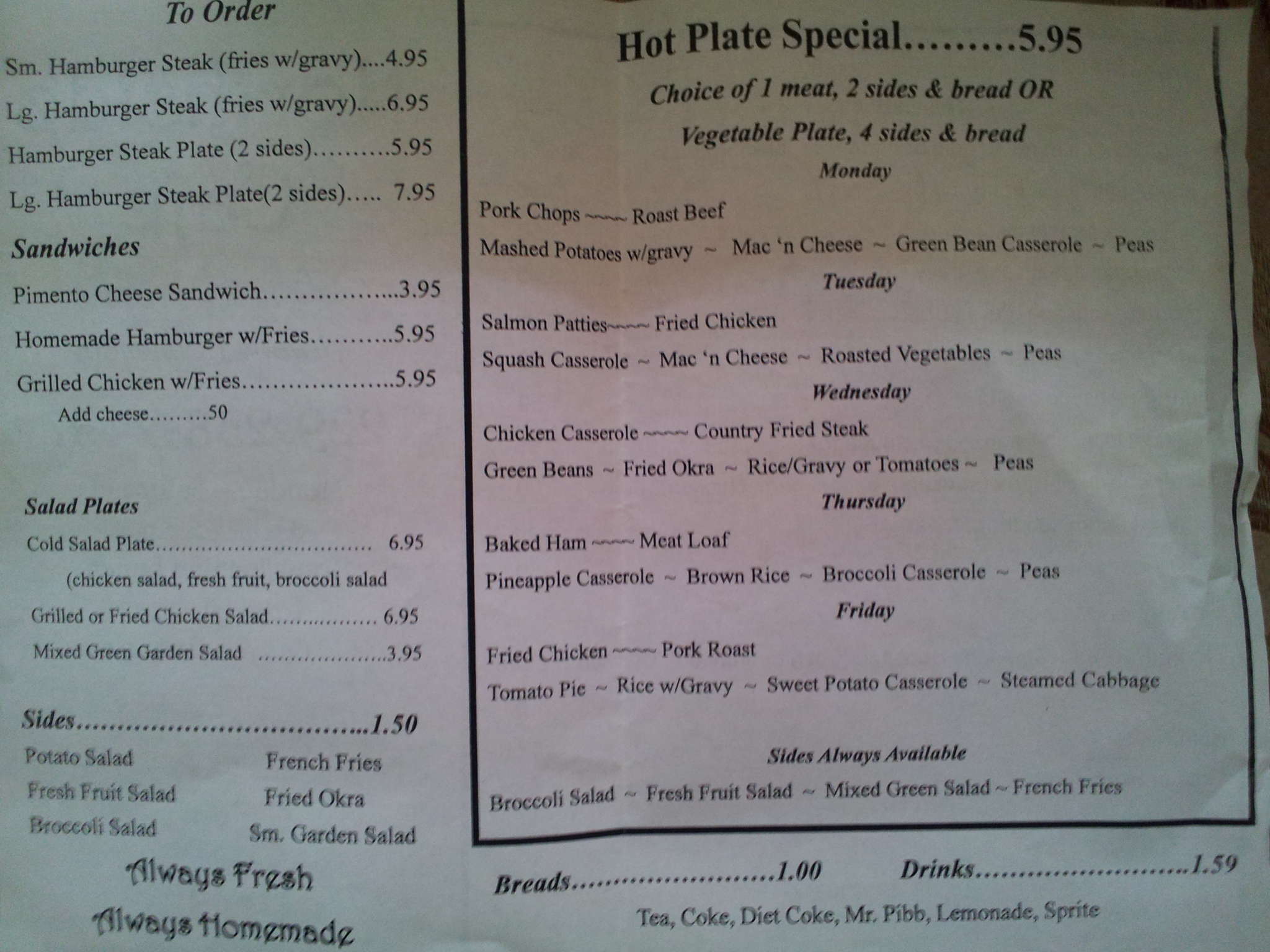 Northside Cafe menu, Menu restauracji Northside Cafe, Tifton, Tifton