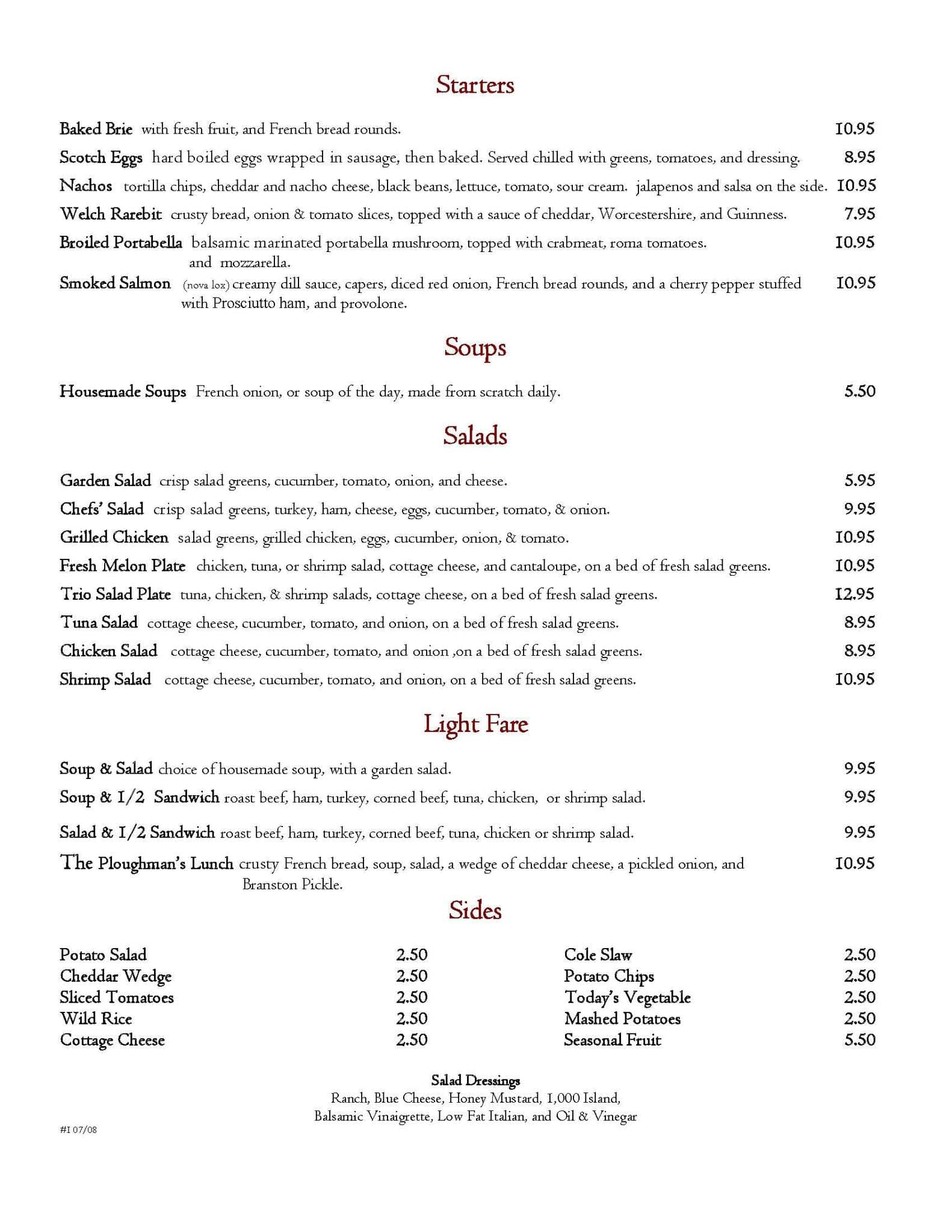 Menu at Six Pence Pub, Blowing Rock