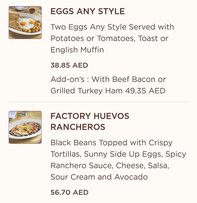 Menu at The Cheesecake Factory restaurant, Abu Dhabi, Yas Mall