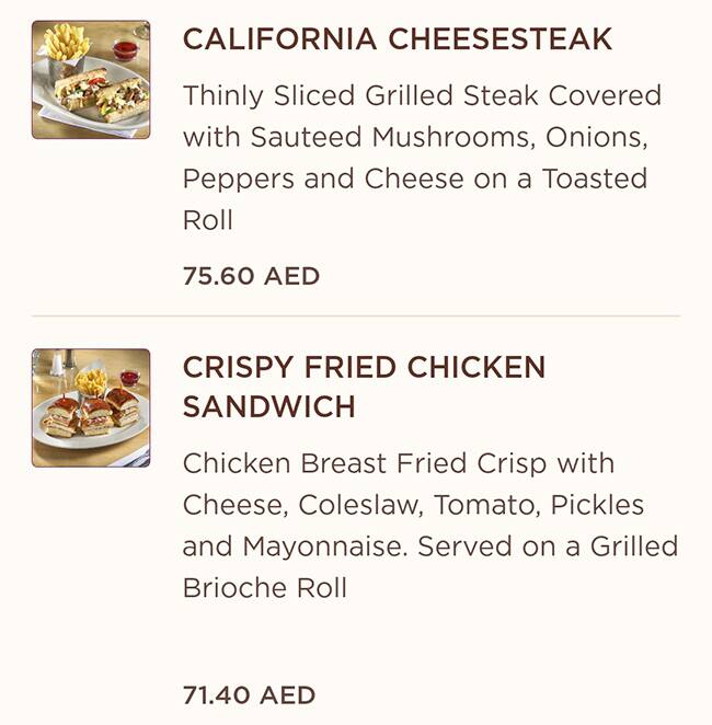 Menu at The Cheesecake Factory restaurant, Abu Dhabi, Yas Mall
