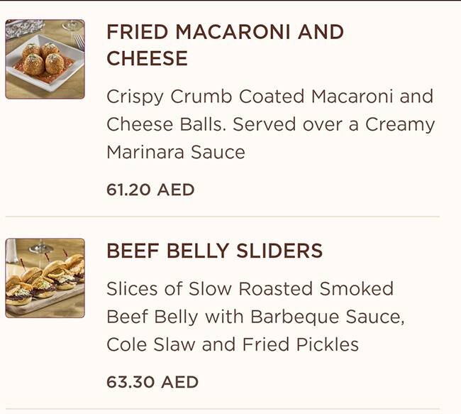 Menu at The Cheesecake Factory restaurant, Abu Dhabi, Yas Mall