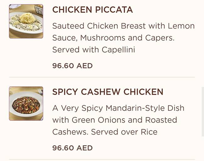 Menu at The Cheesecake Factory restaurant, Abu Dhabi, Yas Mall