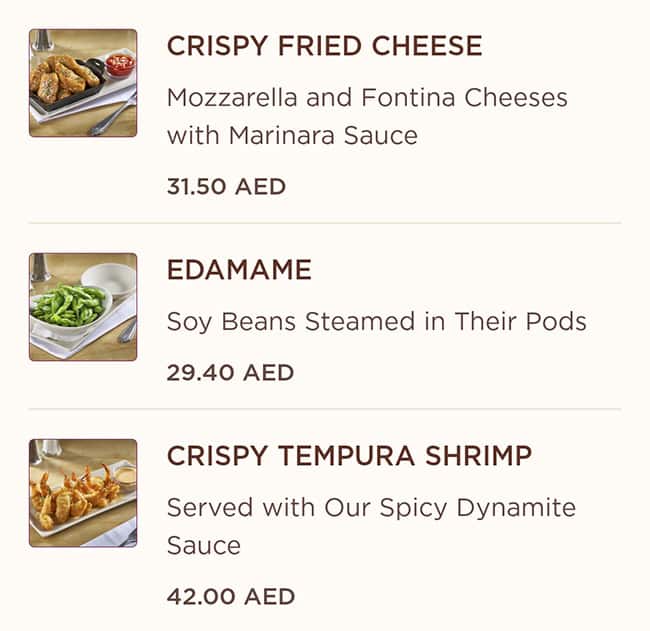 Menu at The Cheesecake Factory restaurant, Abu Dhabi, Yas Mall