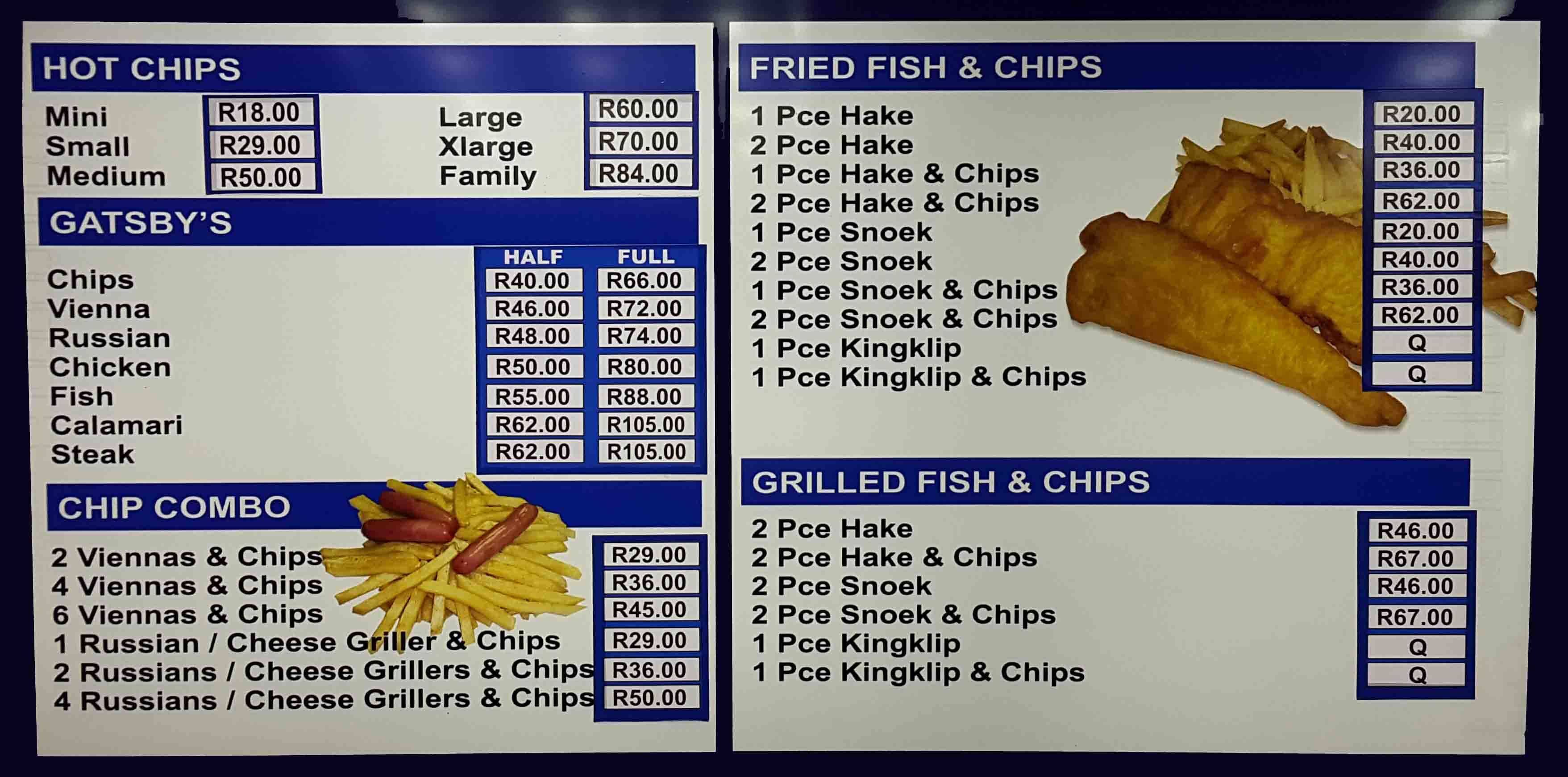 Sonstraal Fisheries Menu, Menu for Sonstraal Fisheries, Durbanville