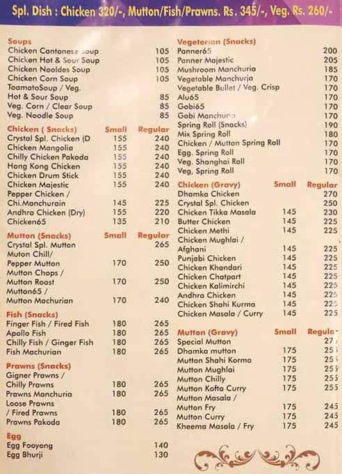 Menu of Crystal Restaurant & Bar, Nallakunta, Hyderabad