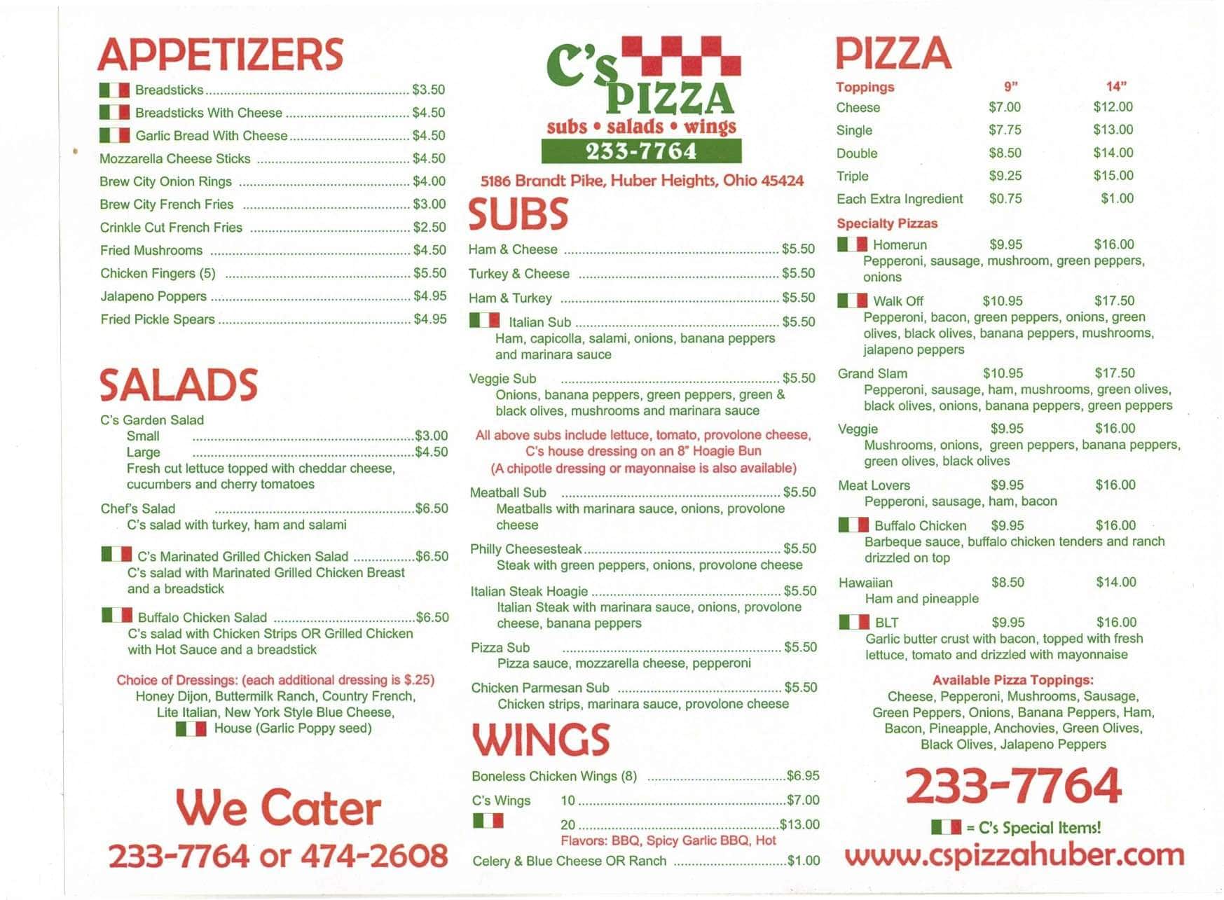 C's Pizza Menu, Menu untuk C's Pizza, Huber Heights, Dayton
