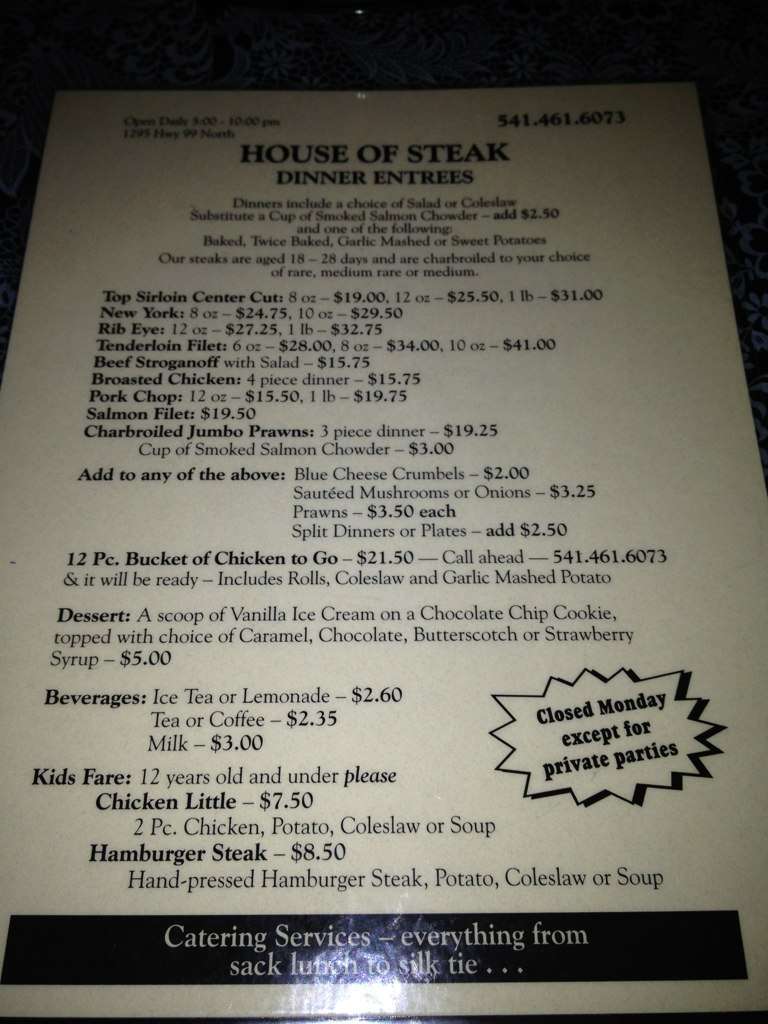 The House of Steak Menu, Menu for The House of Steak, Eugene, Eugene