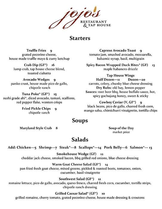 Menu at JoJo's Restaurant & Tap House, Frederick