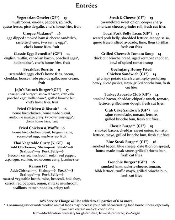 Menu at JoJo's Restaurant & Tap House, Frederick