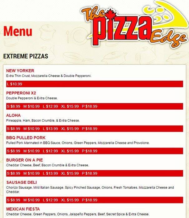 The Pizza Edge Menu, Menu for The Pizza Edge, Brampton, Toronto