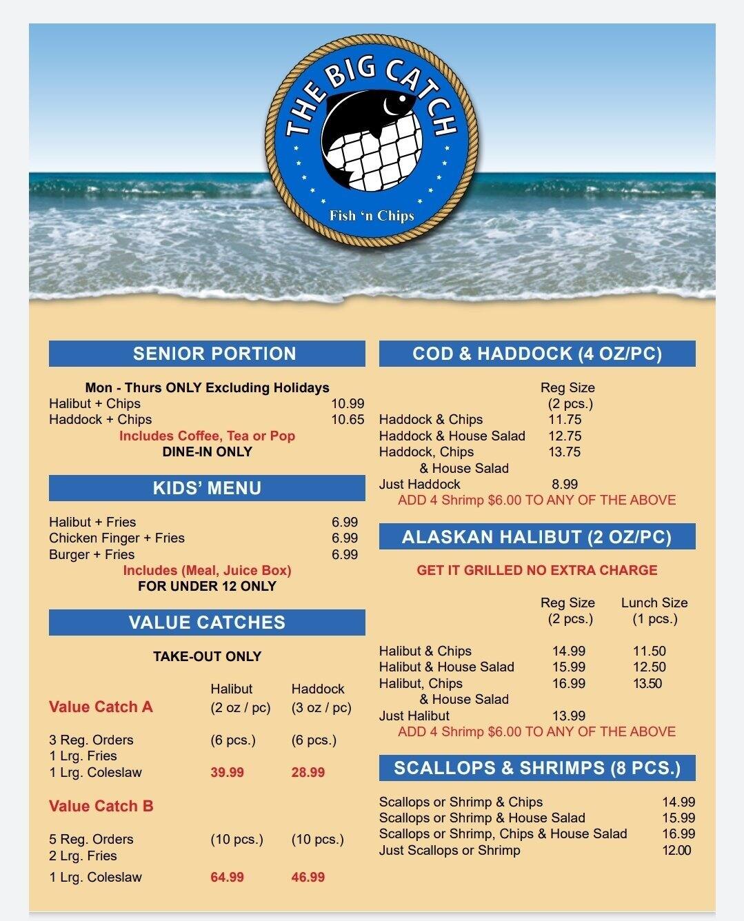 Menu at The Big Catch restaurant, Newmarket