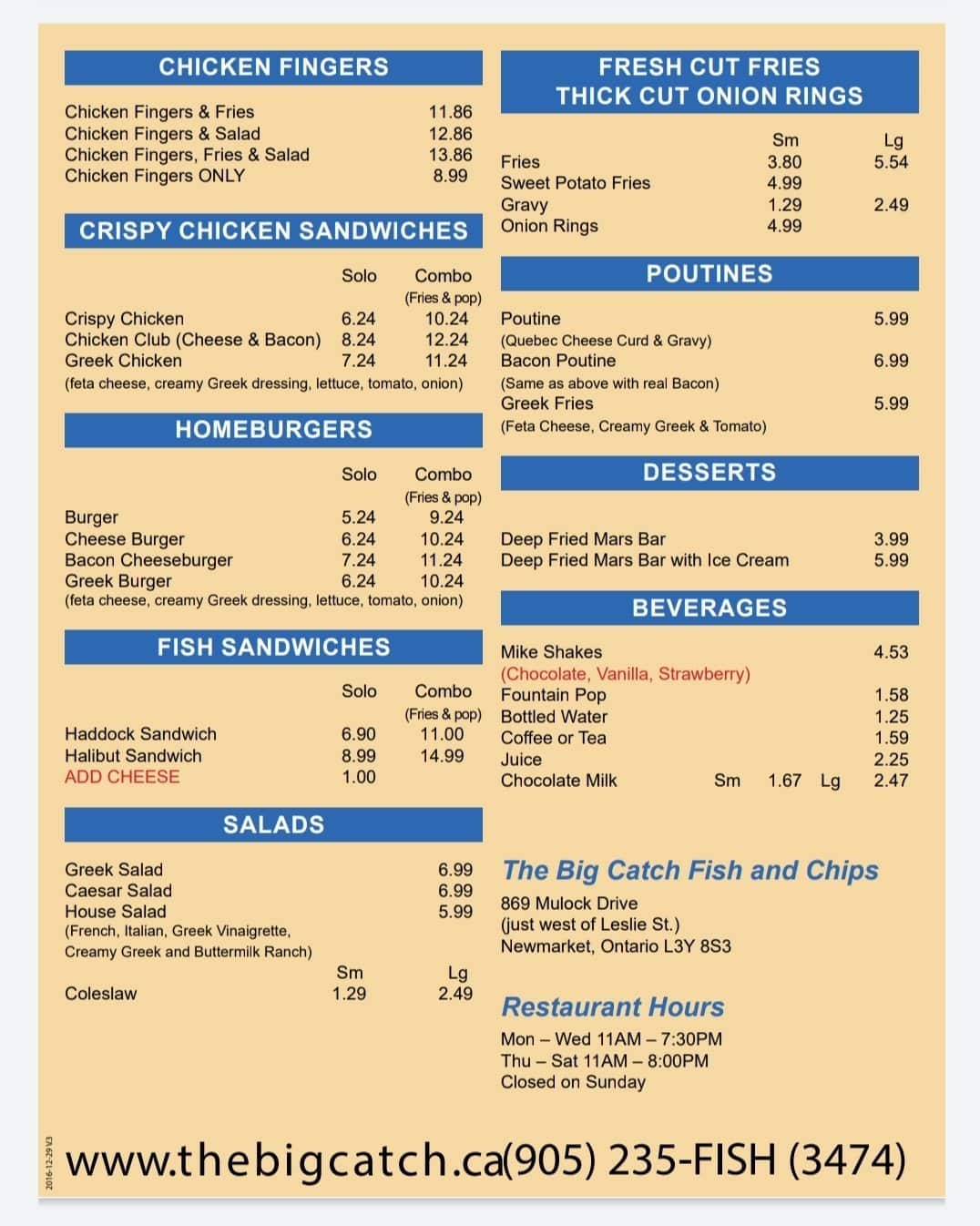 Menu at The Big Catch restaurant, Newmarket