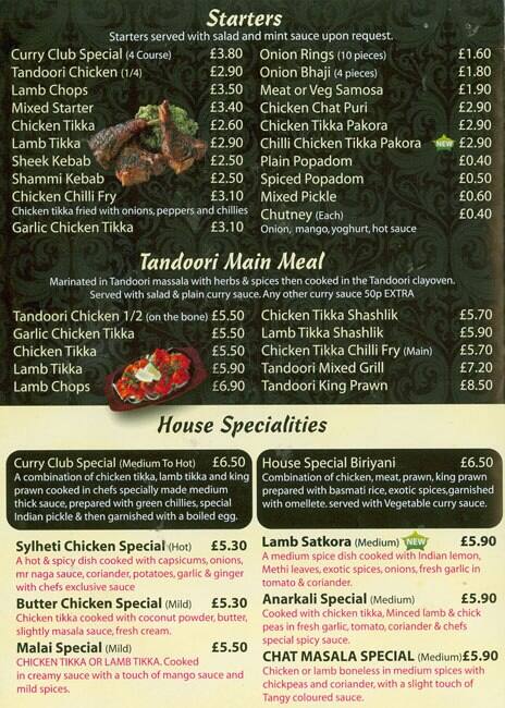 Curry Club menu