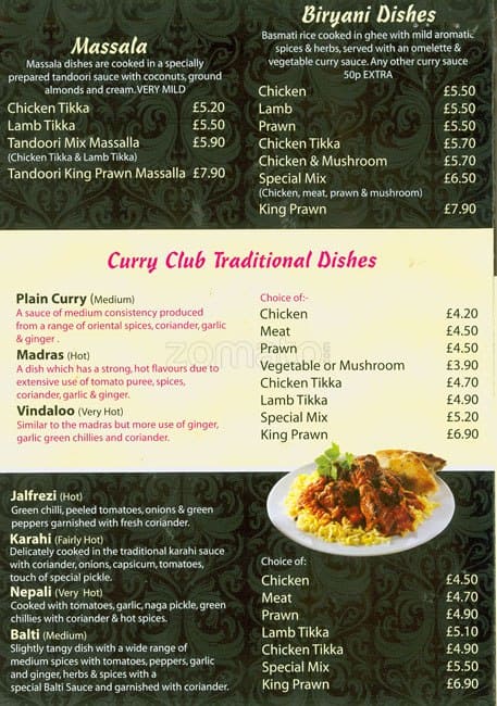 Curry Club menu