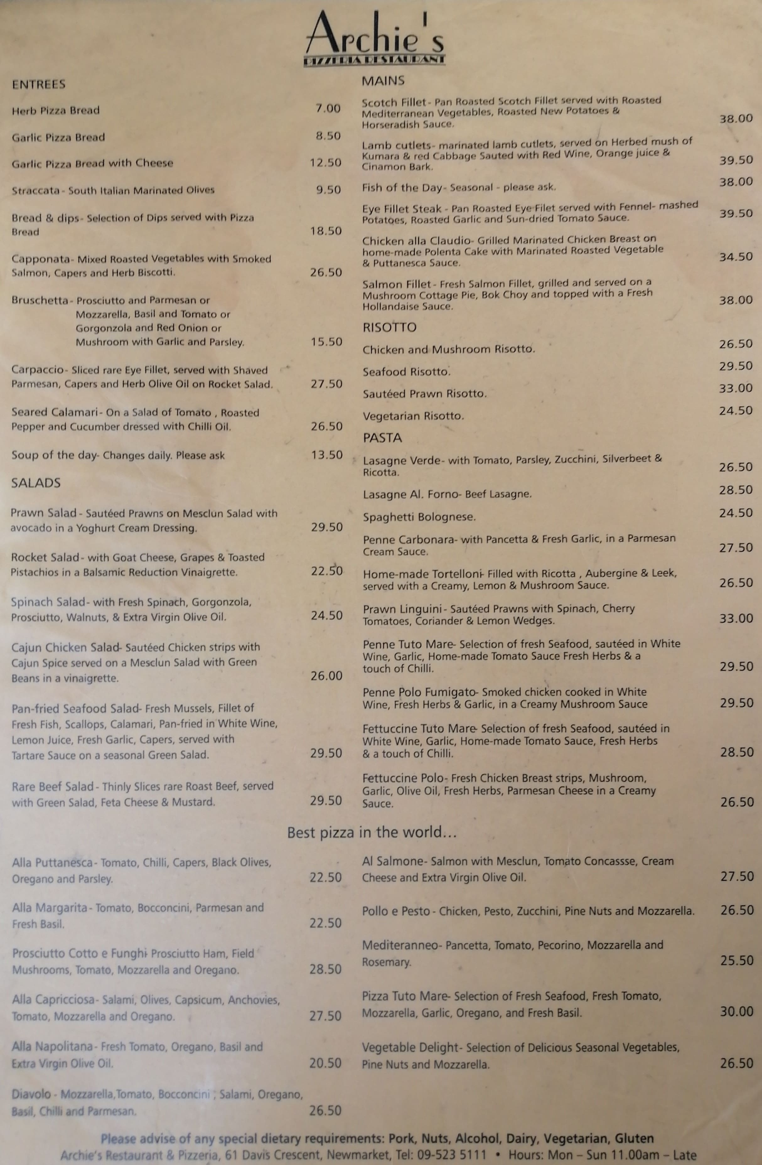 Carta de pizzería Archie's, Auckland