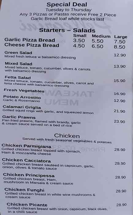 Menu at Pellegrini restaurant, Oxley