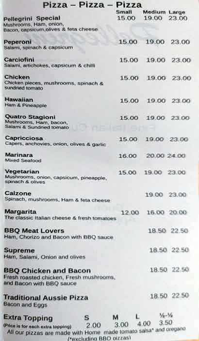 Menu at Pellegrini restaurant, Oxley