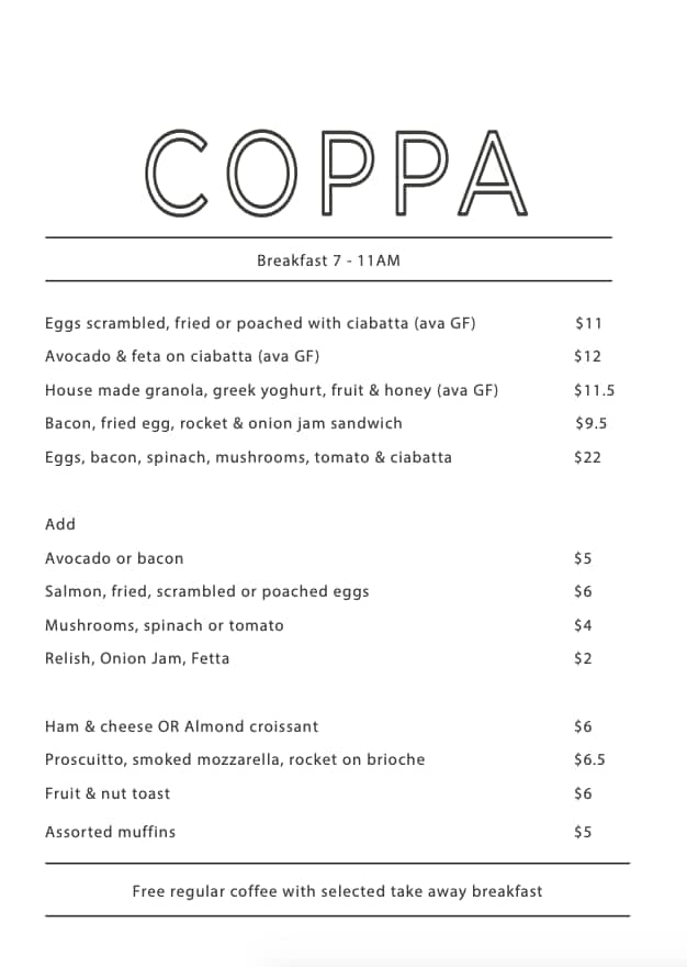 Menu at Coppa Spuntino pub & bar, Brisbane City