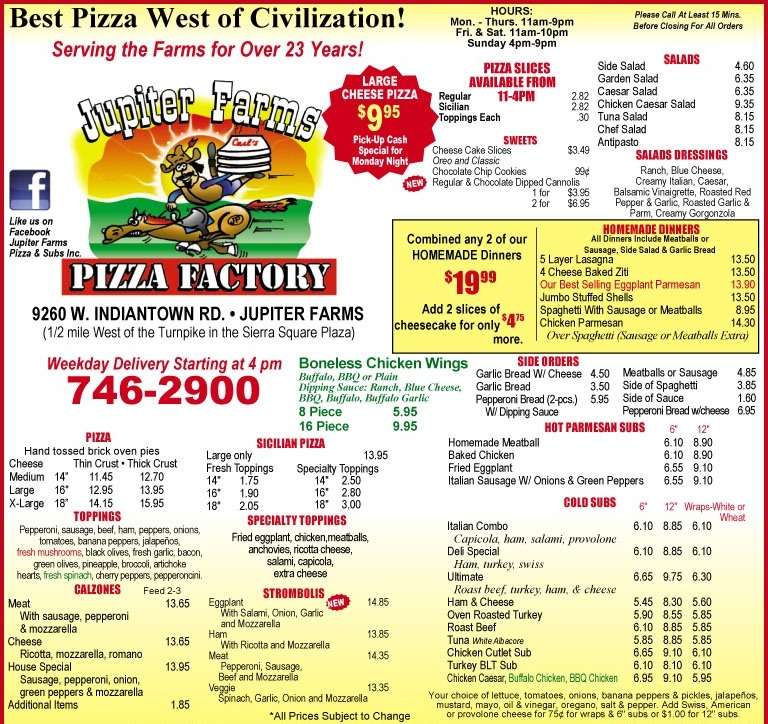 Jupiter Farms Pizza Subs Menu