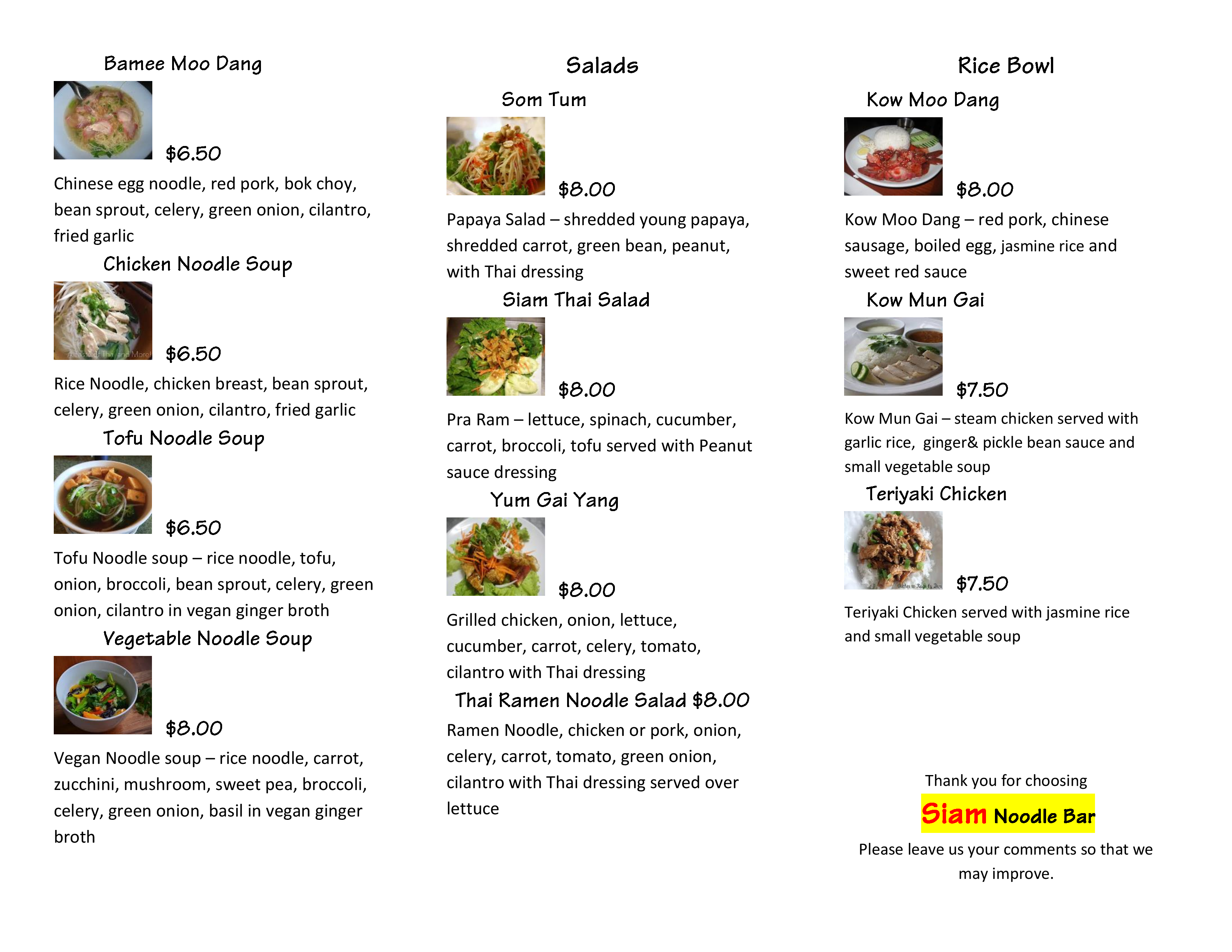 Menu at Siam Noodle Bar, Murray
