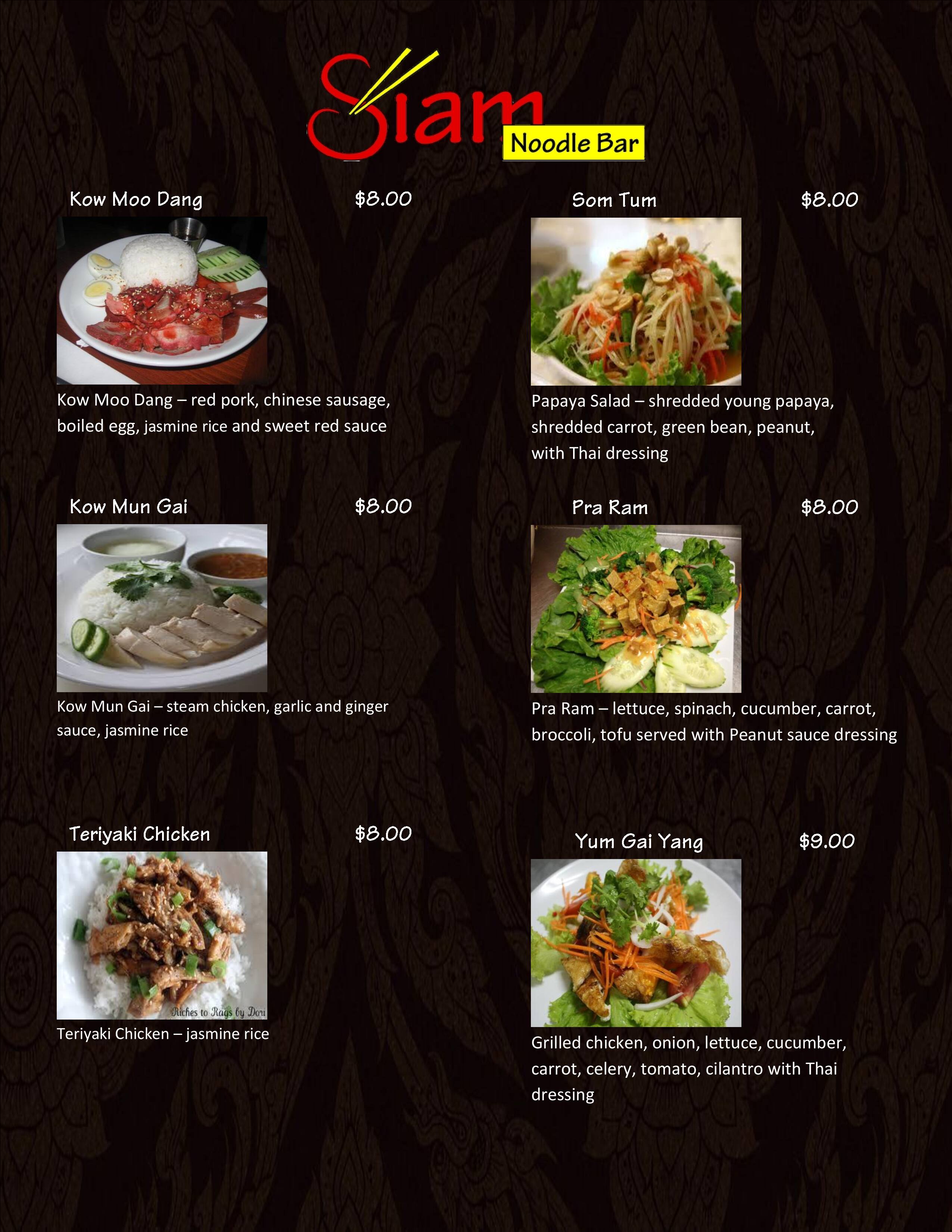 Menu at Siam Noodle Bar, Murray