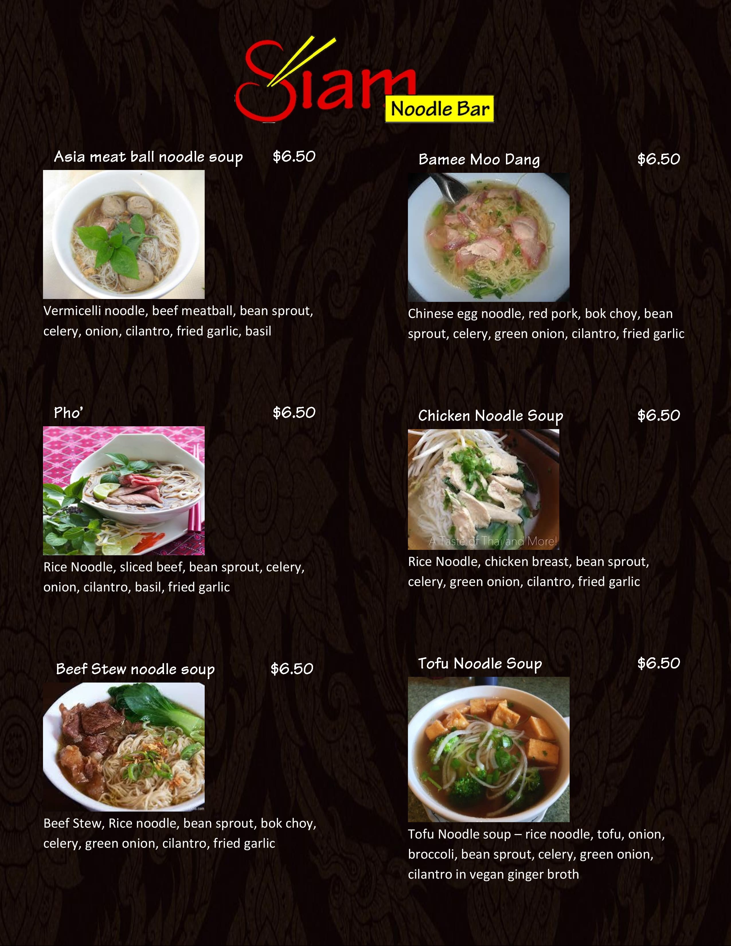 Menu at Siam Noodle Bar, Murray