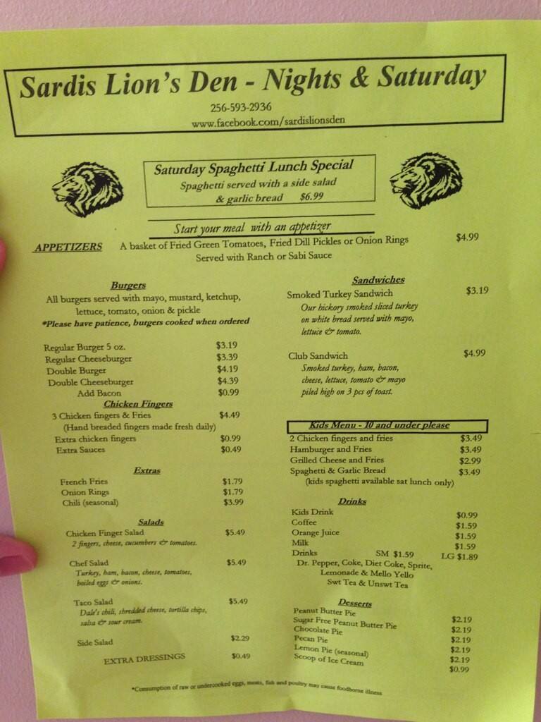 Menu at Sardis Lion's Den restaurant, Boaz