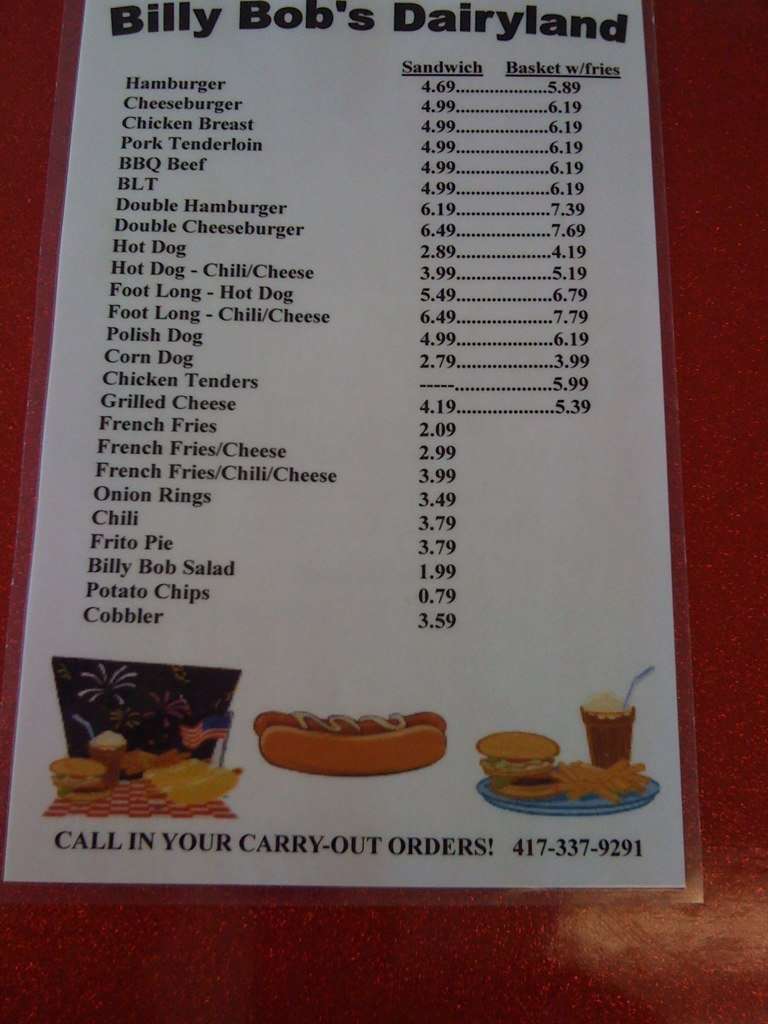 Billy Bob Dairy Land Menu, Menu for Billy Bob Dairy Land, Branson