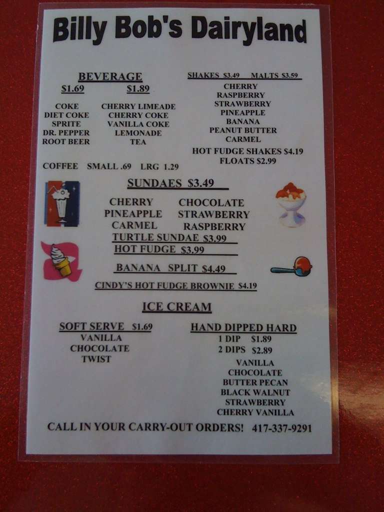 Menu at Billy Bob's Dairy Land restaurant, Branson, W 76 Country Blvd
