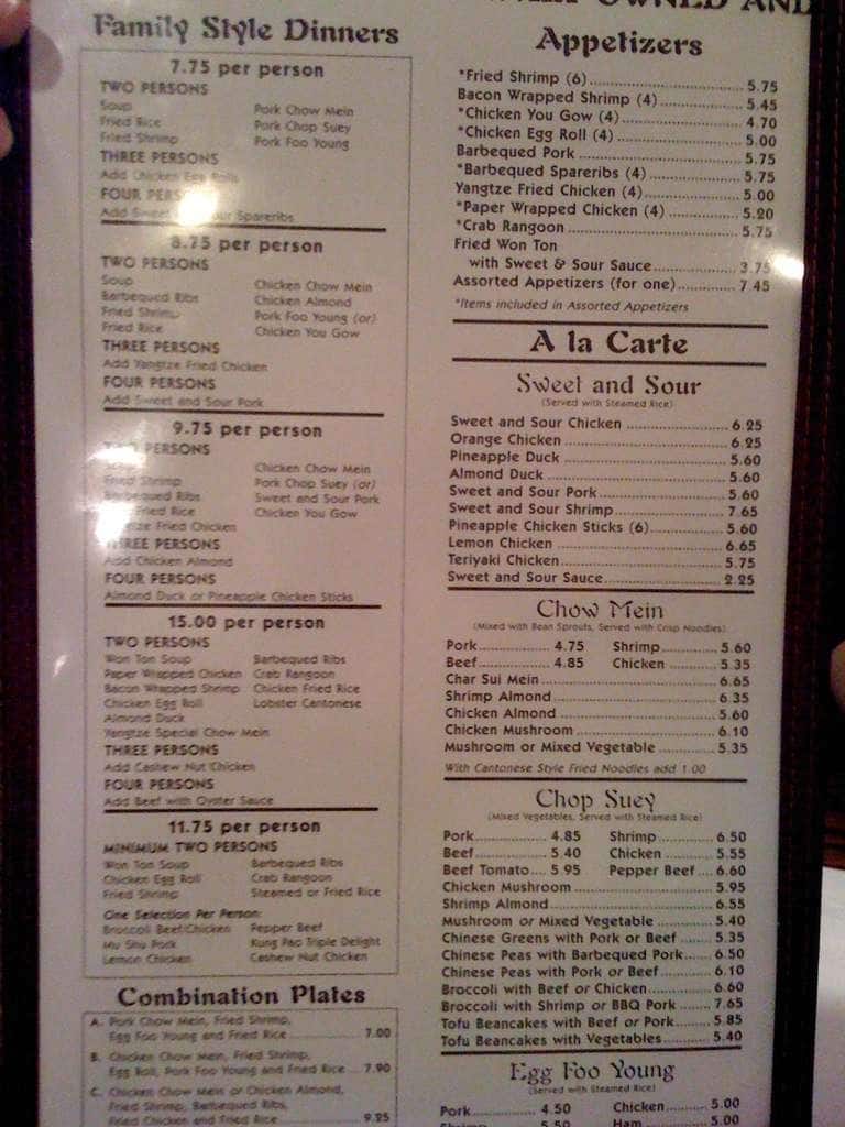Yangtze Restaurant Menu, Menu for Yangtze Restaurant, Ontario, Inland