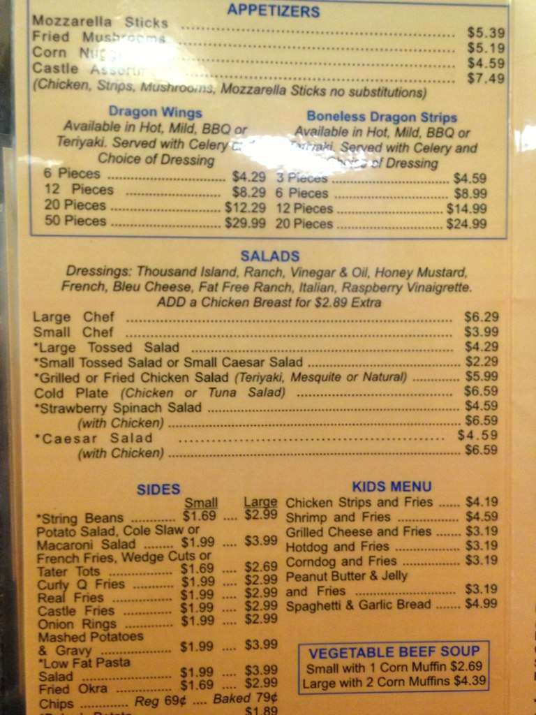 Sandwiche Castle Menu, Menu for Sandwiche Castle, Manning, Manning