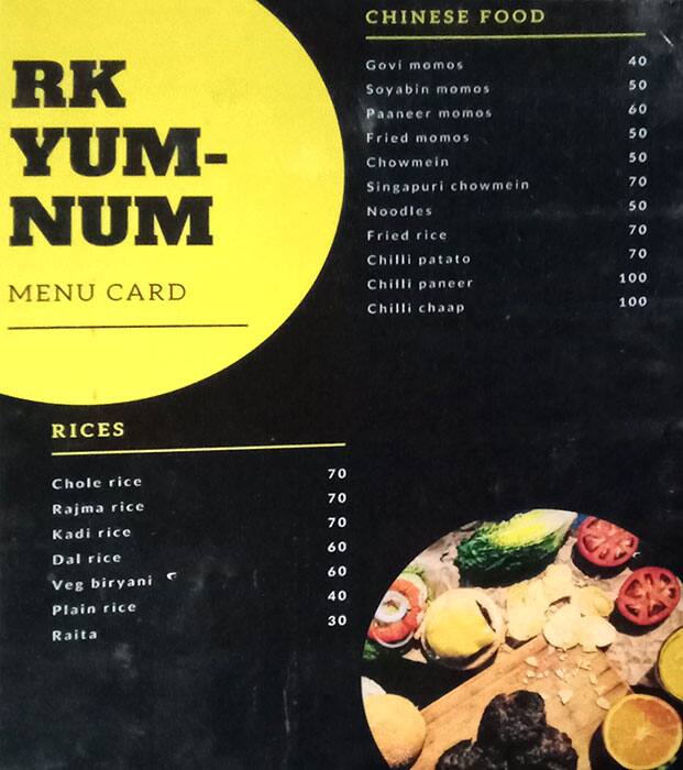 Menu of RK Yum Num, Alpha 1, Greater Noida