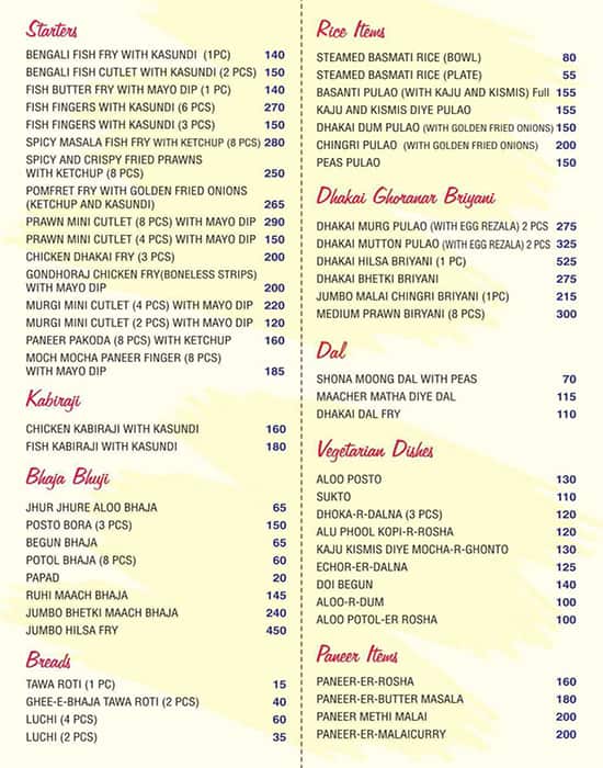 Kasturi Restaurant menu