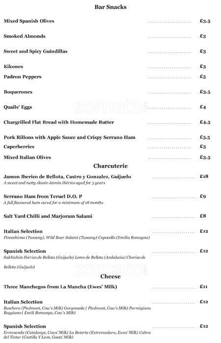 Menu at Salt Yard pub & bar, London