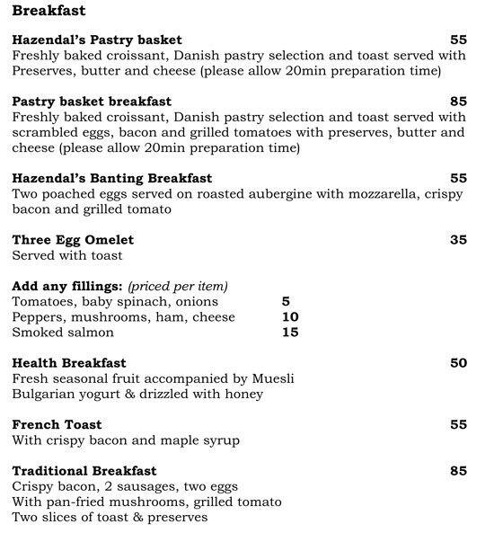 Menu at The Hermitage restaurant, Cape Town