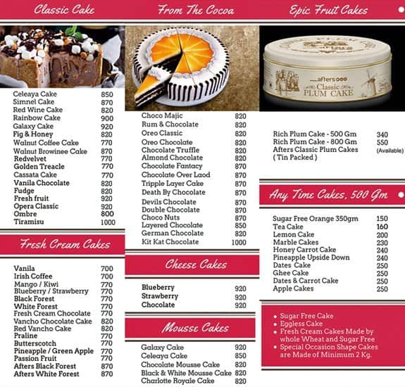 Afters Bake House Menu,Menú para Afters Bake House, Vyttila, Kochi Zomato