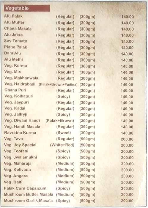 Joy Restaurant menu