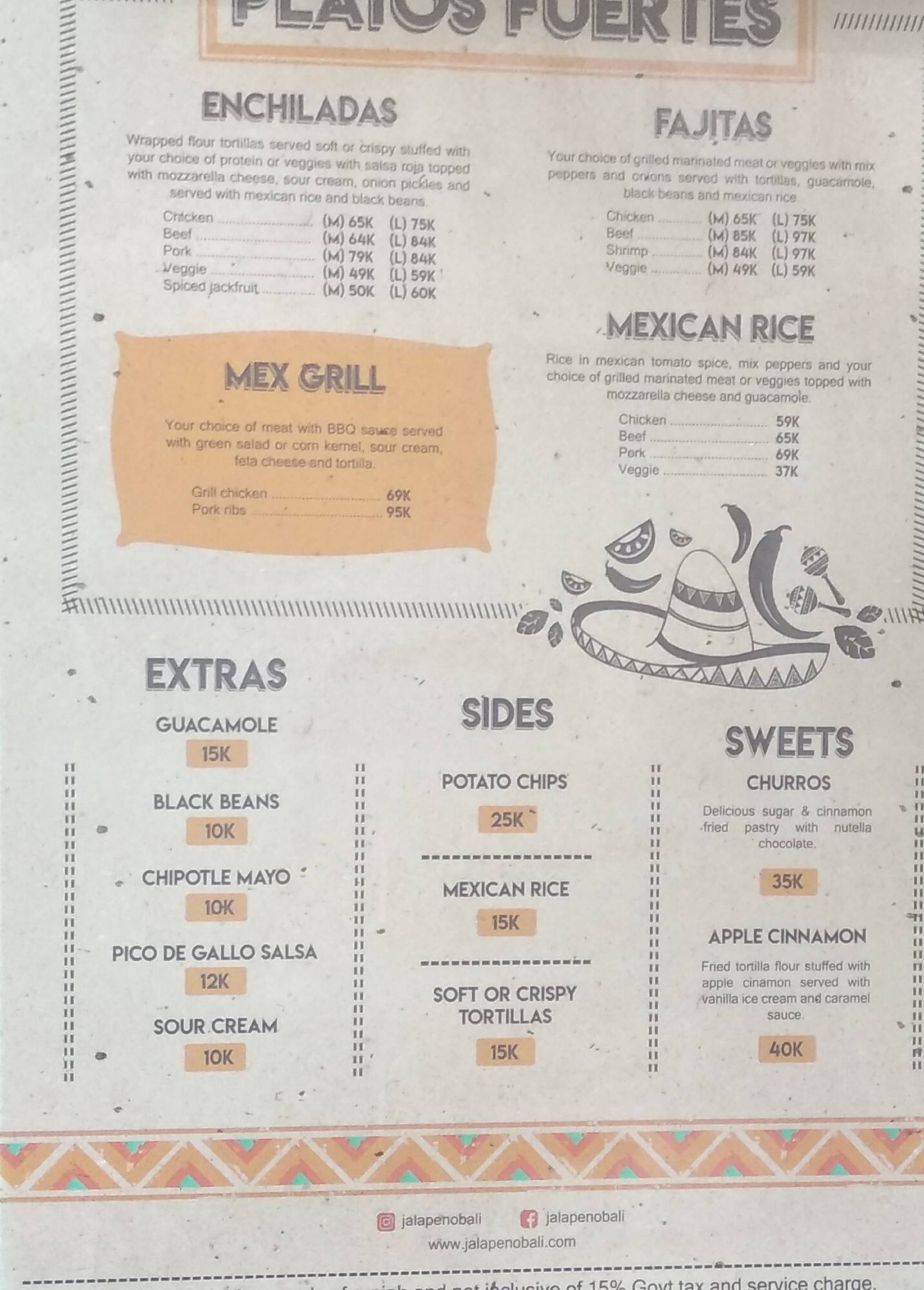 Menu at Jalapeno restaurant, Denpasar