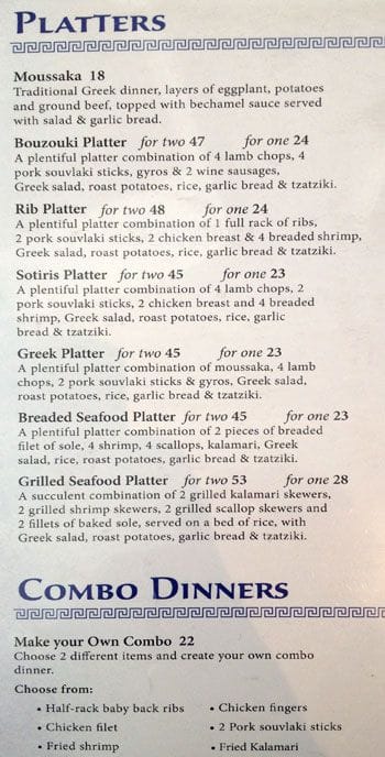 Menu at Sotiris Greek Restaurant, Burlington