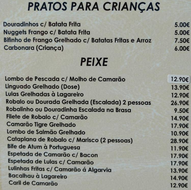 Menu em O Duarte restaurante, Olhos de Água