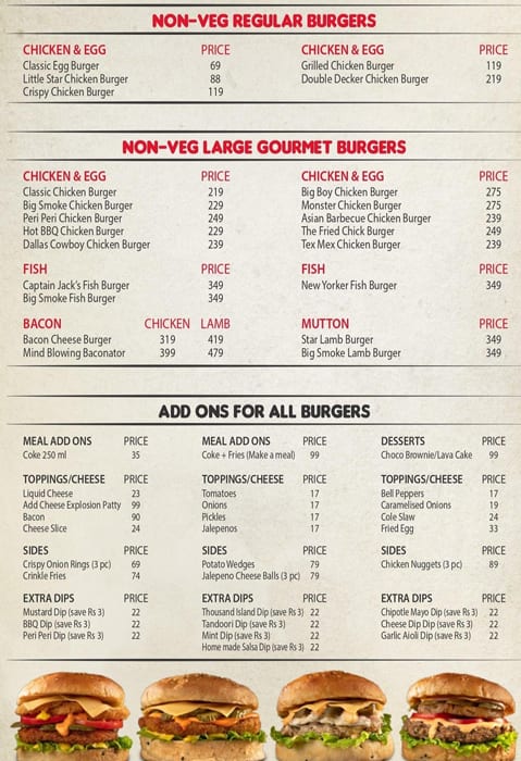 Menu at Big Smokin Burgers, Delhi, Shop No 1