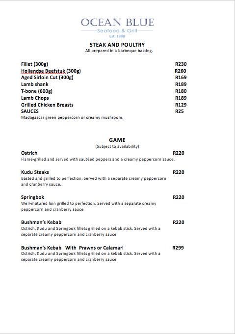 Menu at Ocean Blue restaurant, Cape Town, 1a