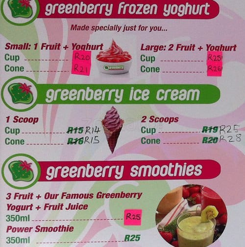 Menu at Greenberry Frozen Yogurt And Coffee Bar, Johannesburg