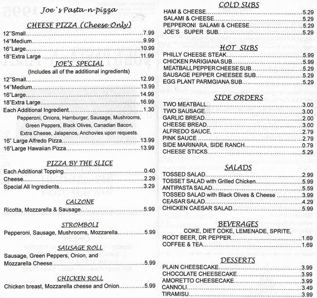 Joe's Pasta N Pizza Menu, Menu for Joe's Pasta N Pizza, Far West Fort